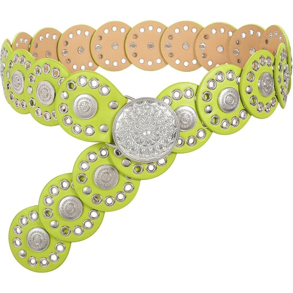 Women Vintage Disc Waist Concho Leather Belt Boho Waist Belt Light Green Silver